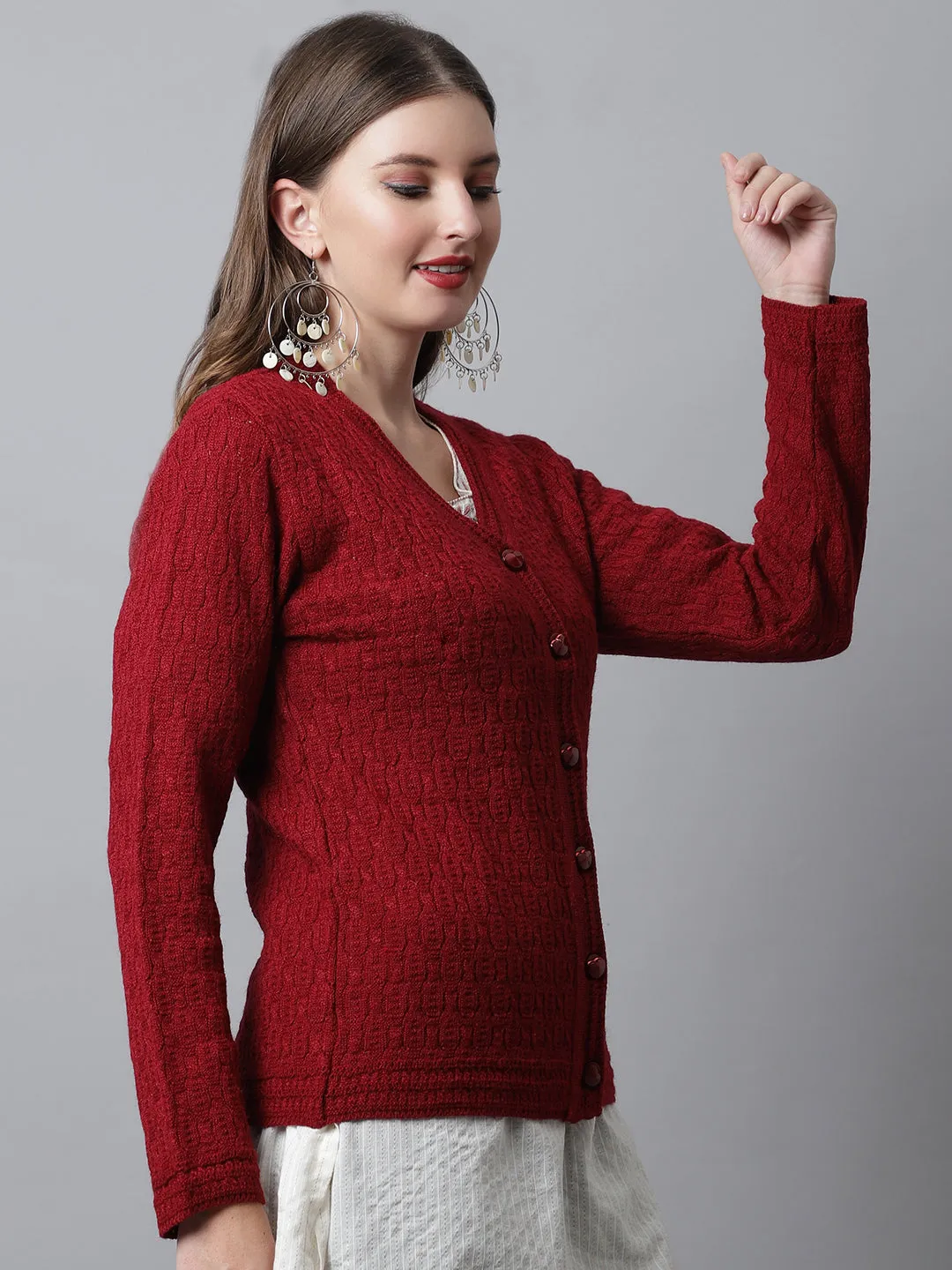 Women's Casual  Maroon V neck Cardigan Sweater