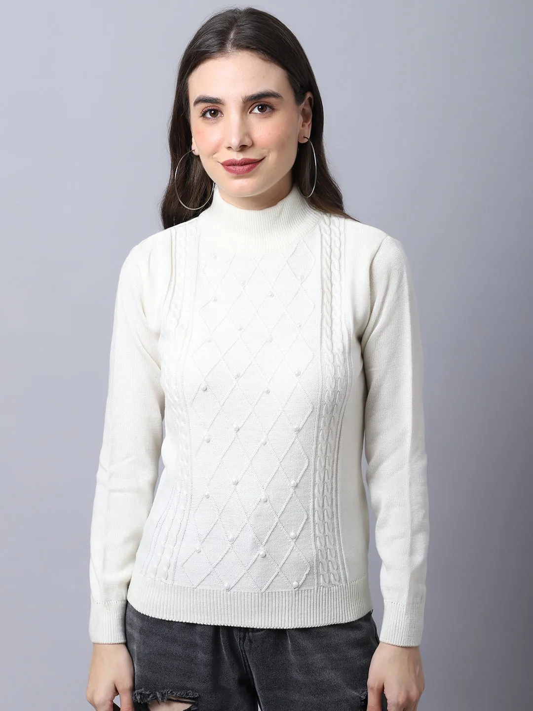 Women's Casual  OffWhite High neck Pullover Sweater