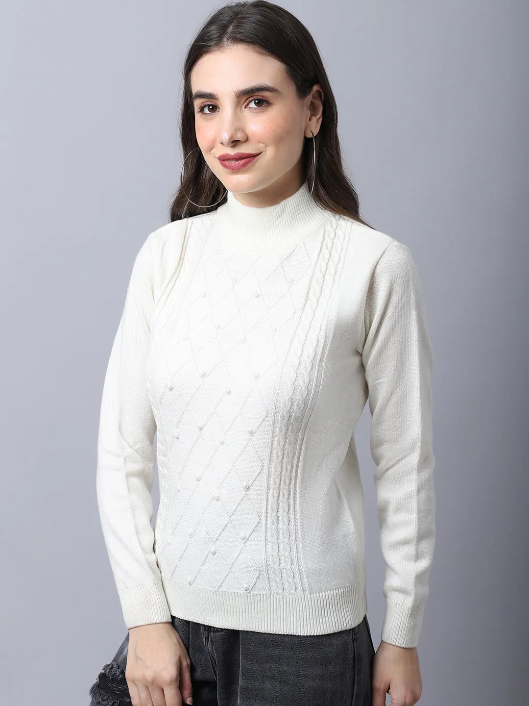 Women's Casual  OffWhite High neck Pullover Sweater