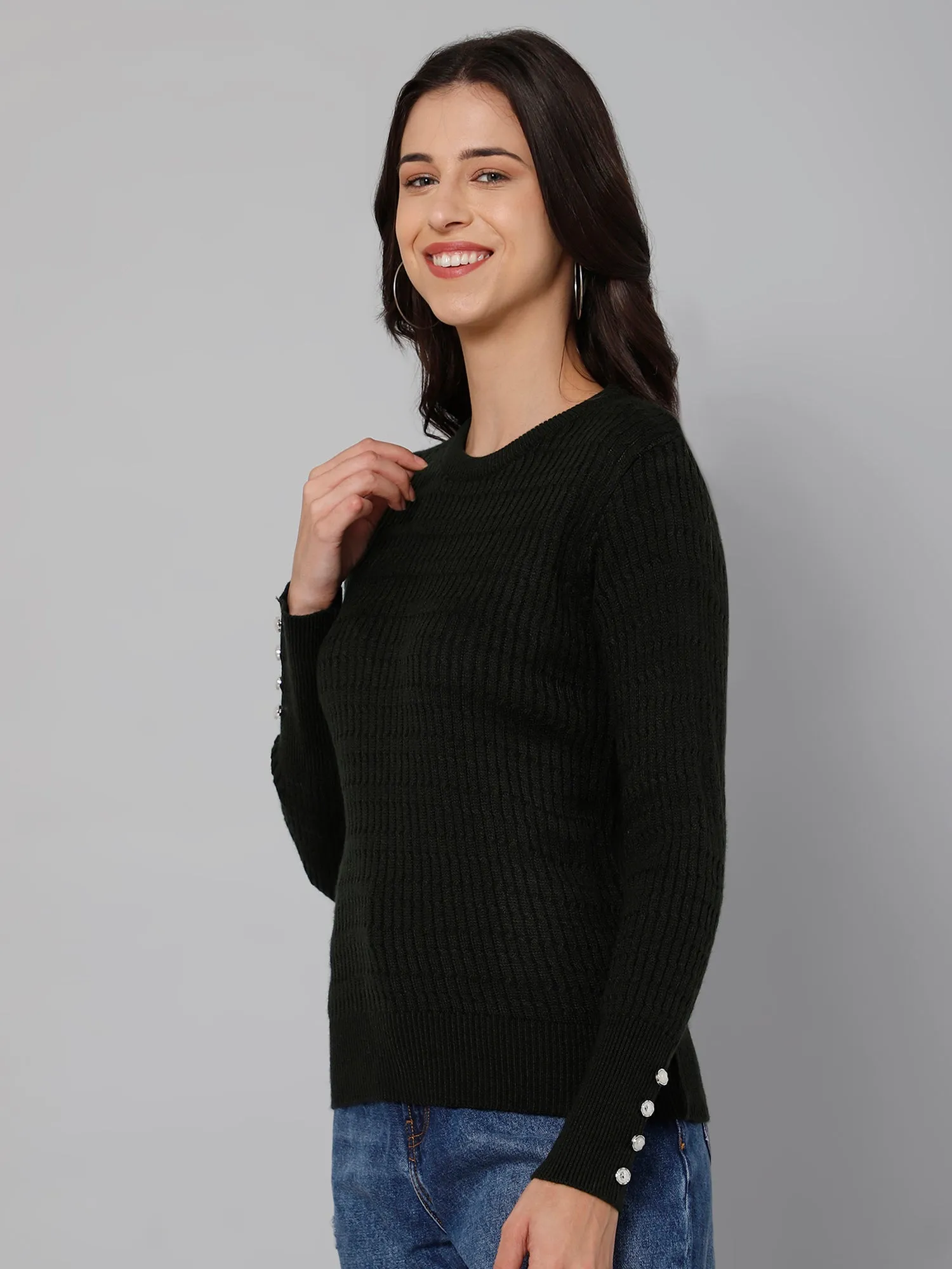 Women's Casual  Olive Green Round neck Pullover Sweater