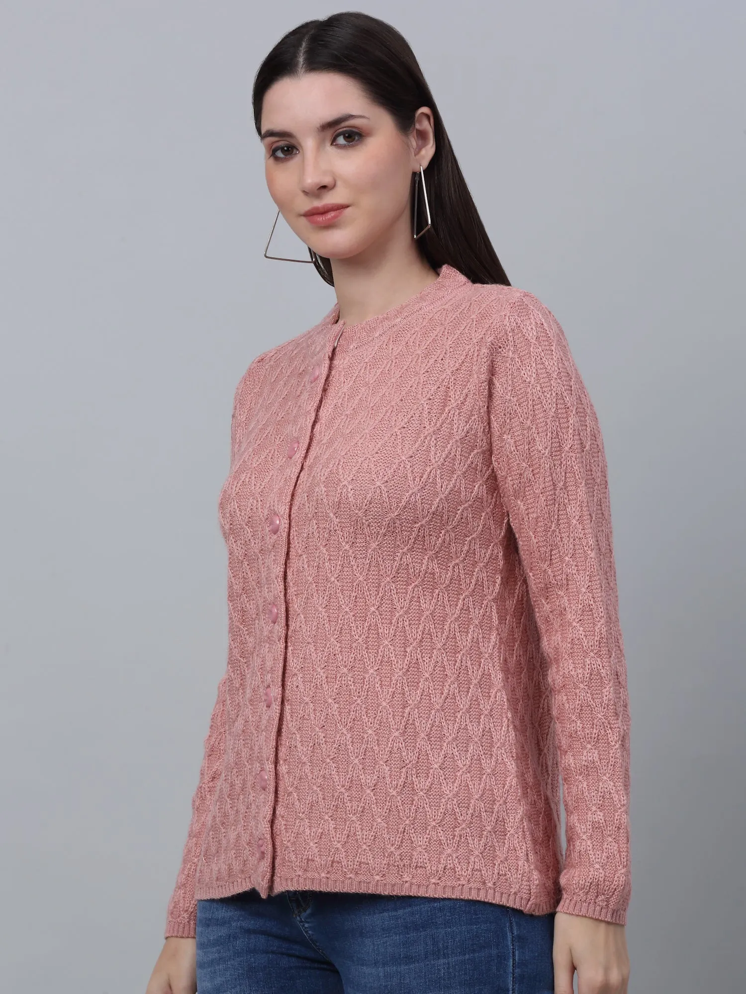 Women's Casual  Pink Round neck Cardigan Sweater