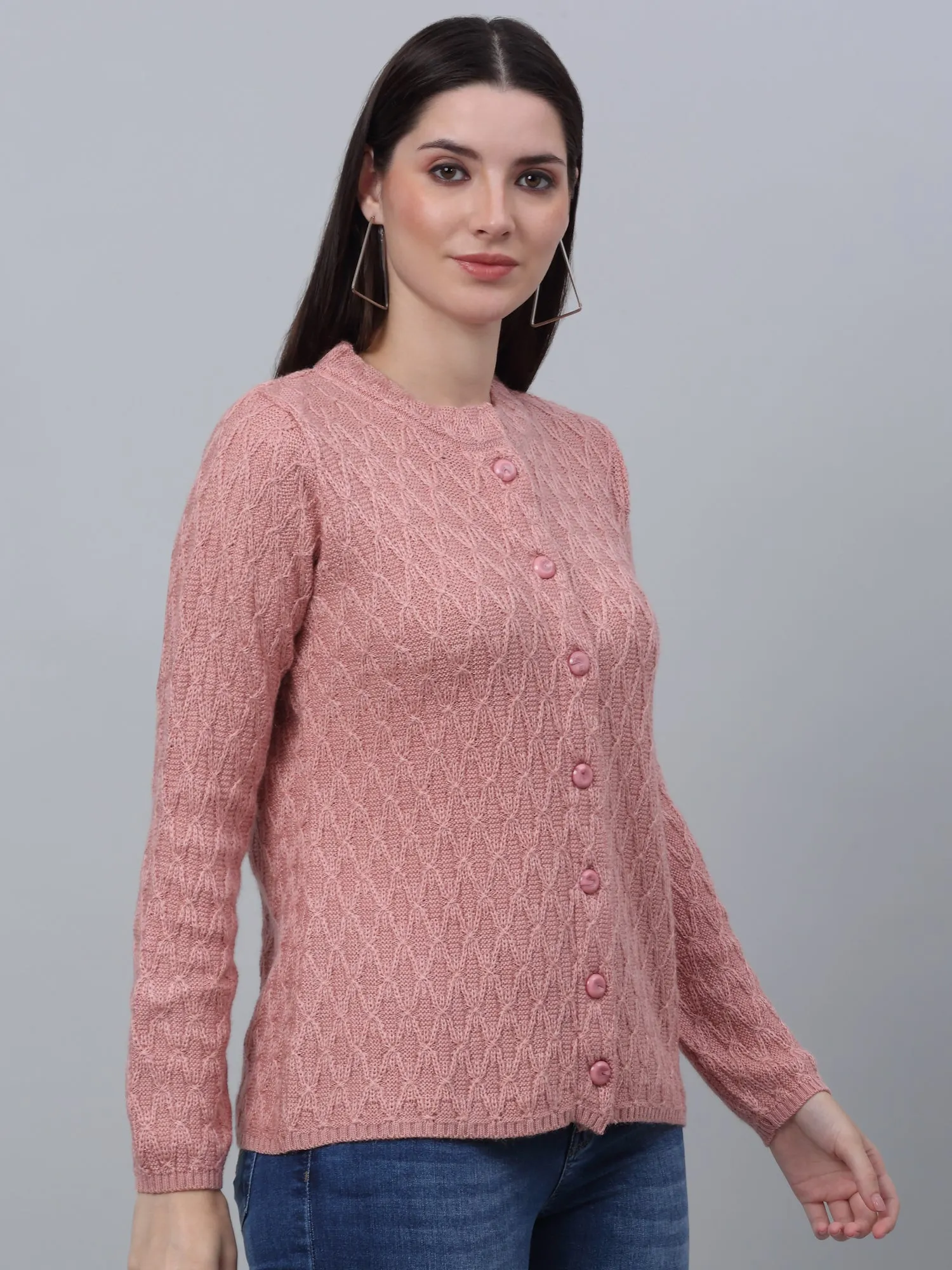 Women's Casual  Pink Round neck Cardigan Sweater