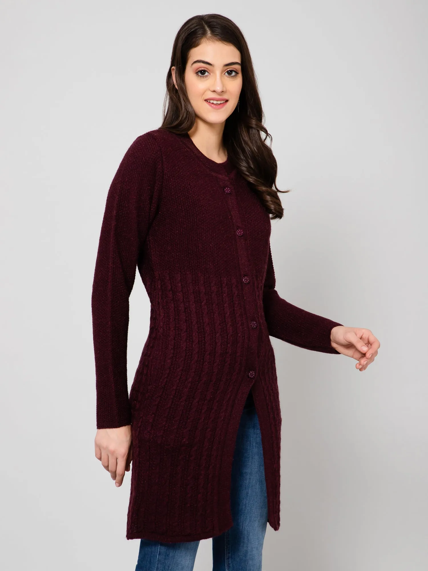 Women's Casual  Wine Round neck Cardigan Sweater