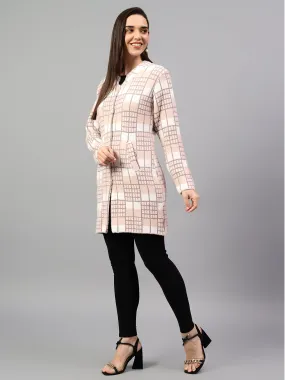 Women's Checked Peach Full Sleeve Cardigan Casual Sweater