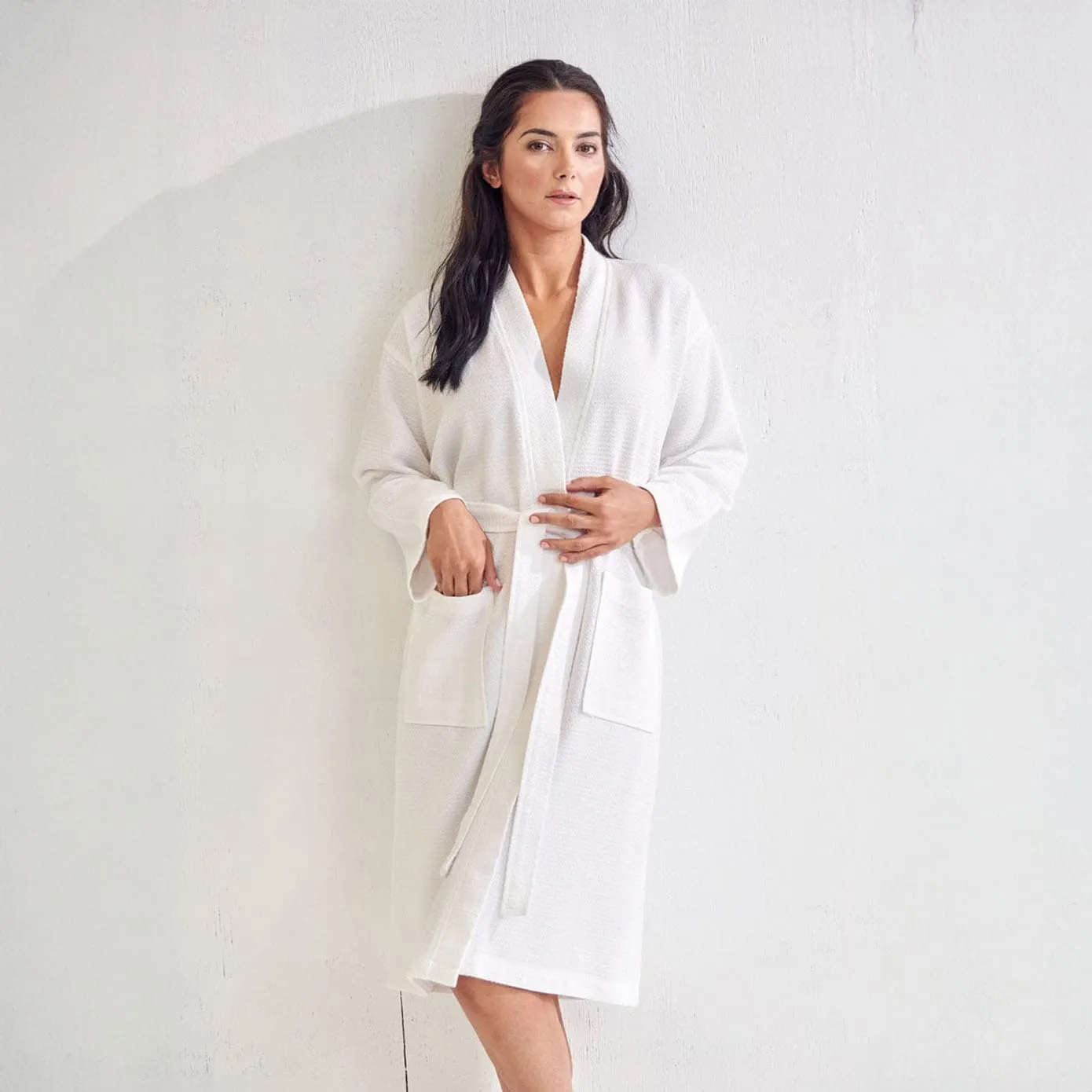 Women's Long Cotton Turkish Waffle Bathrobe, Kimono Style, Comfortable & Softness, Polyblend (White)