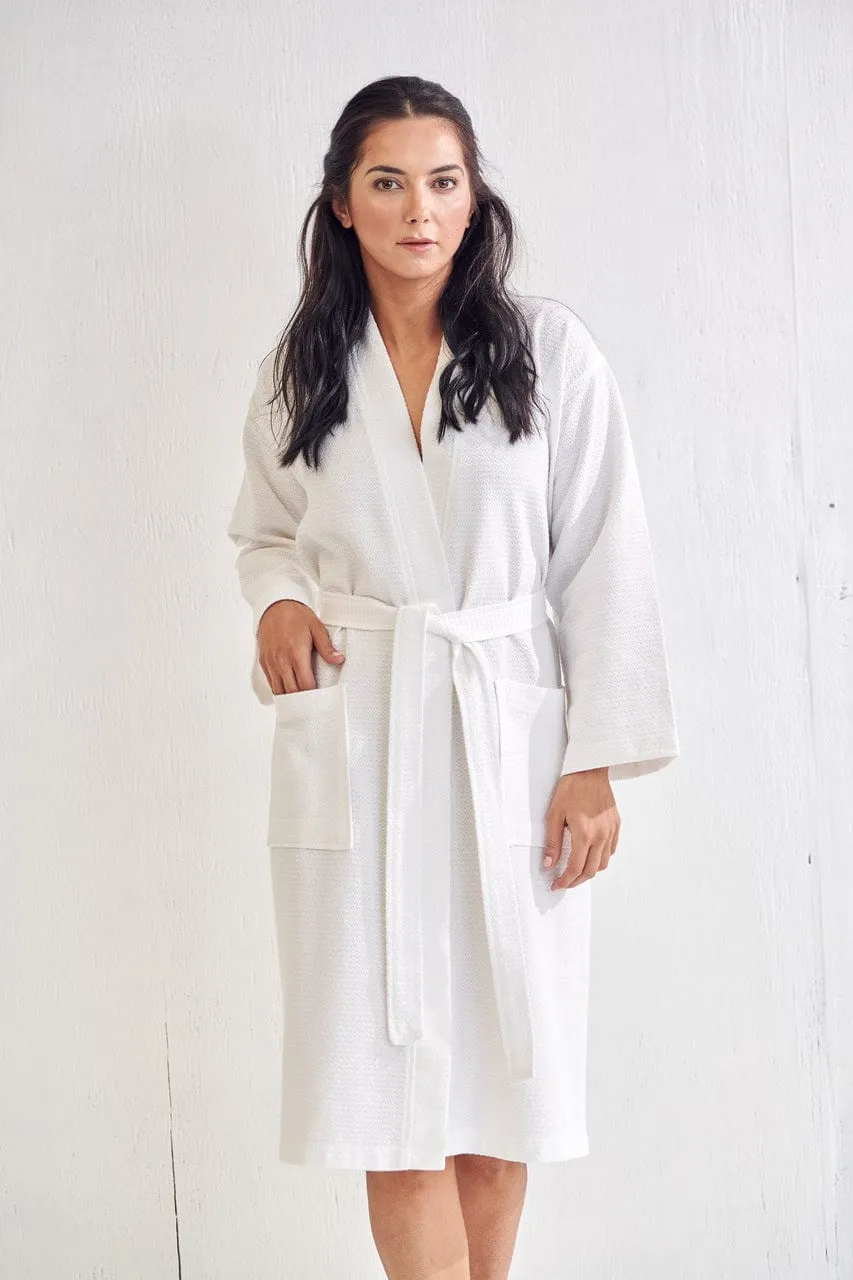 Women's Long Cotton Turkish Waffle Bathrobe, Kimono Style, Comfortable & Softness, Polyblend (White)