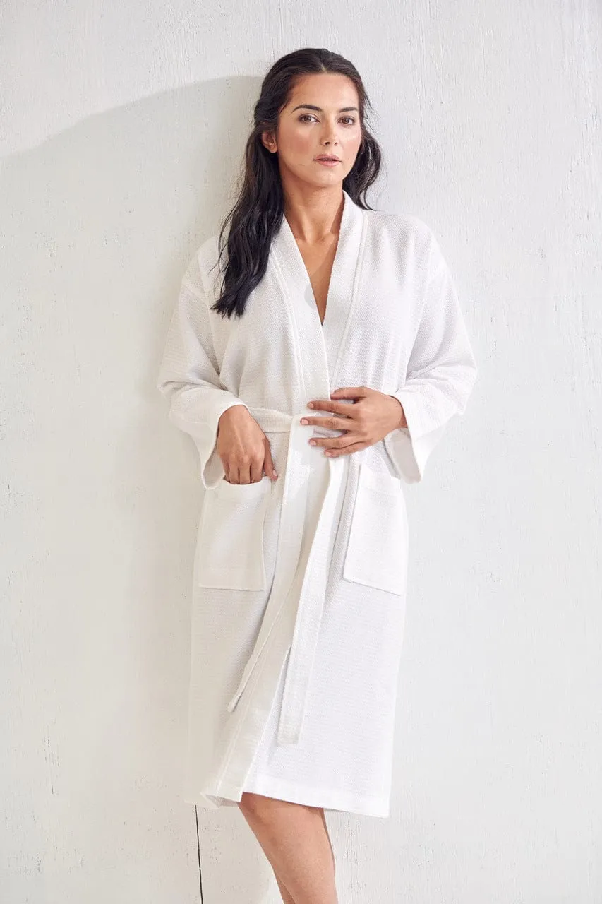 Women's Long Cotton Turkish Waffle Bathrobe, Kimono Style, Comfortable & Softness, Polyblend (White)