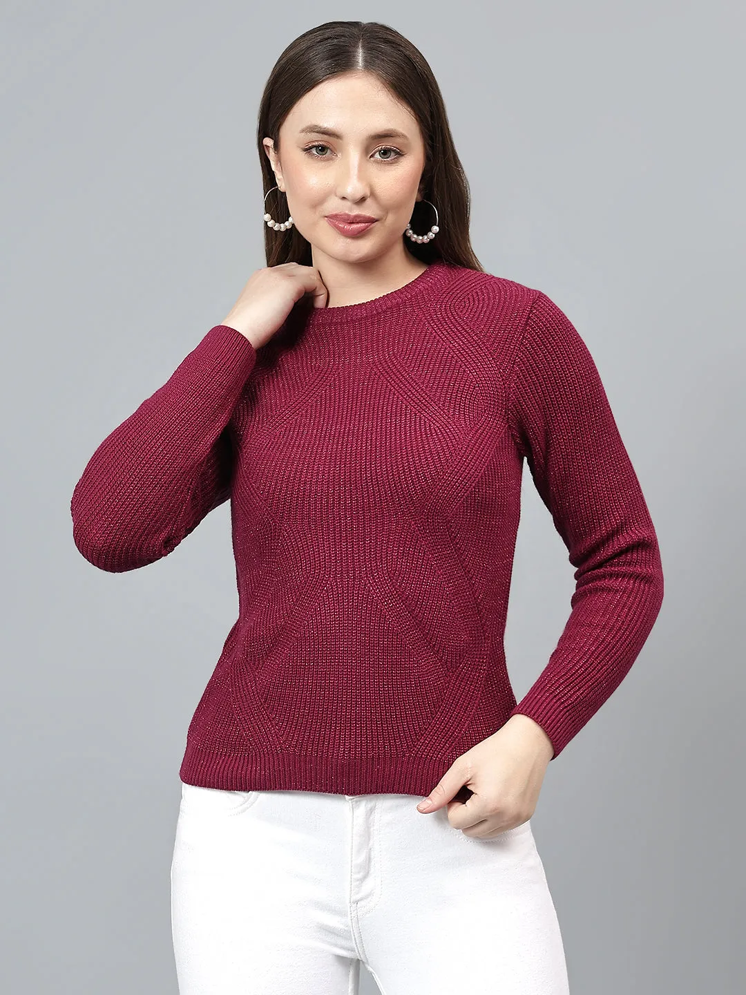 Women's Self Design Mulberry Full Sleeves Casual Sweater