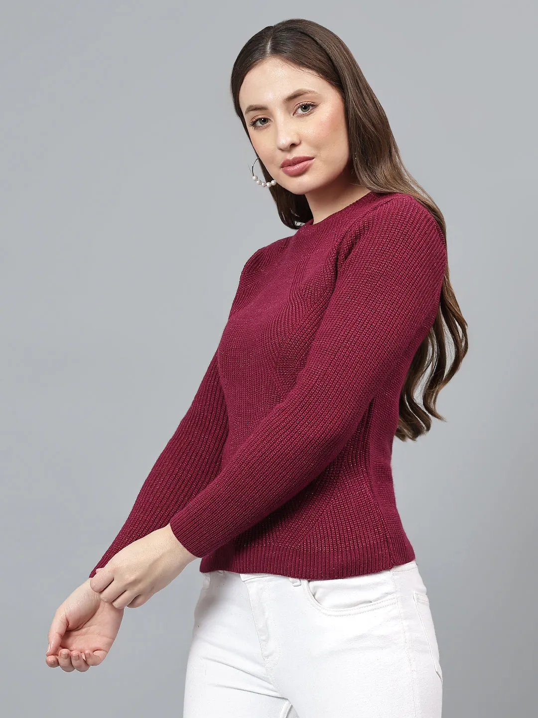 Women's Self Design Mulberry Full Sleeves Casual Sweater