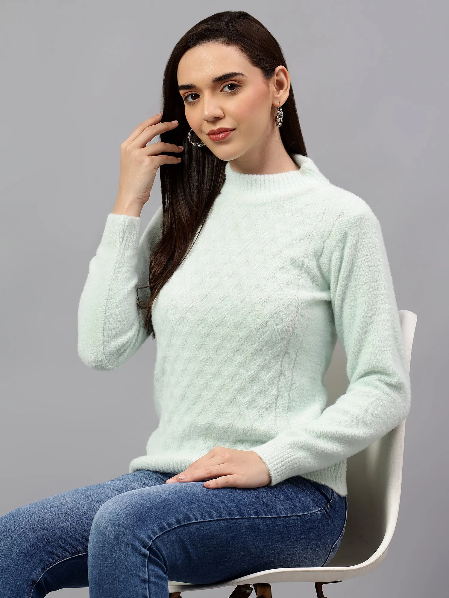 Women's Solid Aqua Full Sleeve Casual Sweater