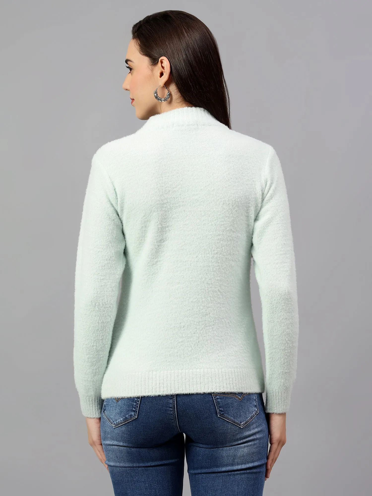 Women's Solid Aqua Full Sleeve Casual Sweater