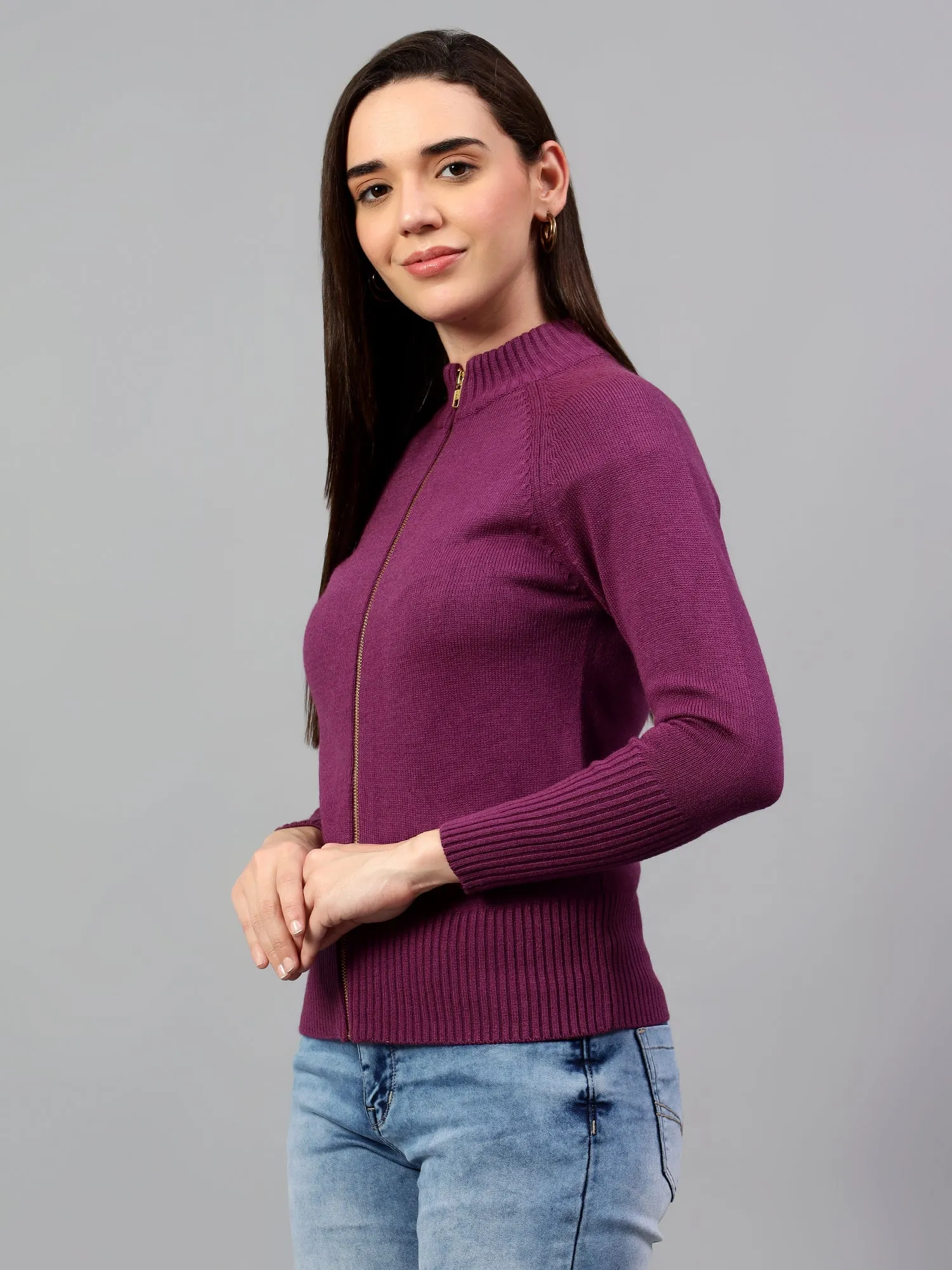 Women's Solid Purple Full Sleeve Casual Sweater