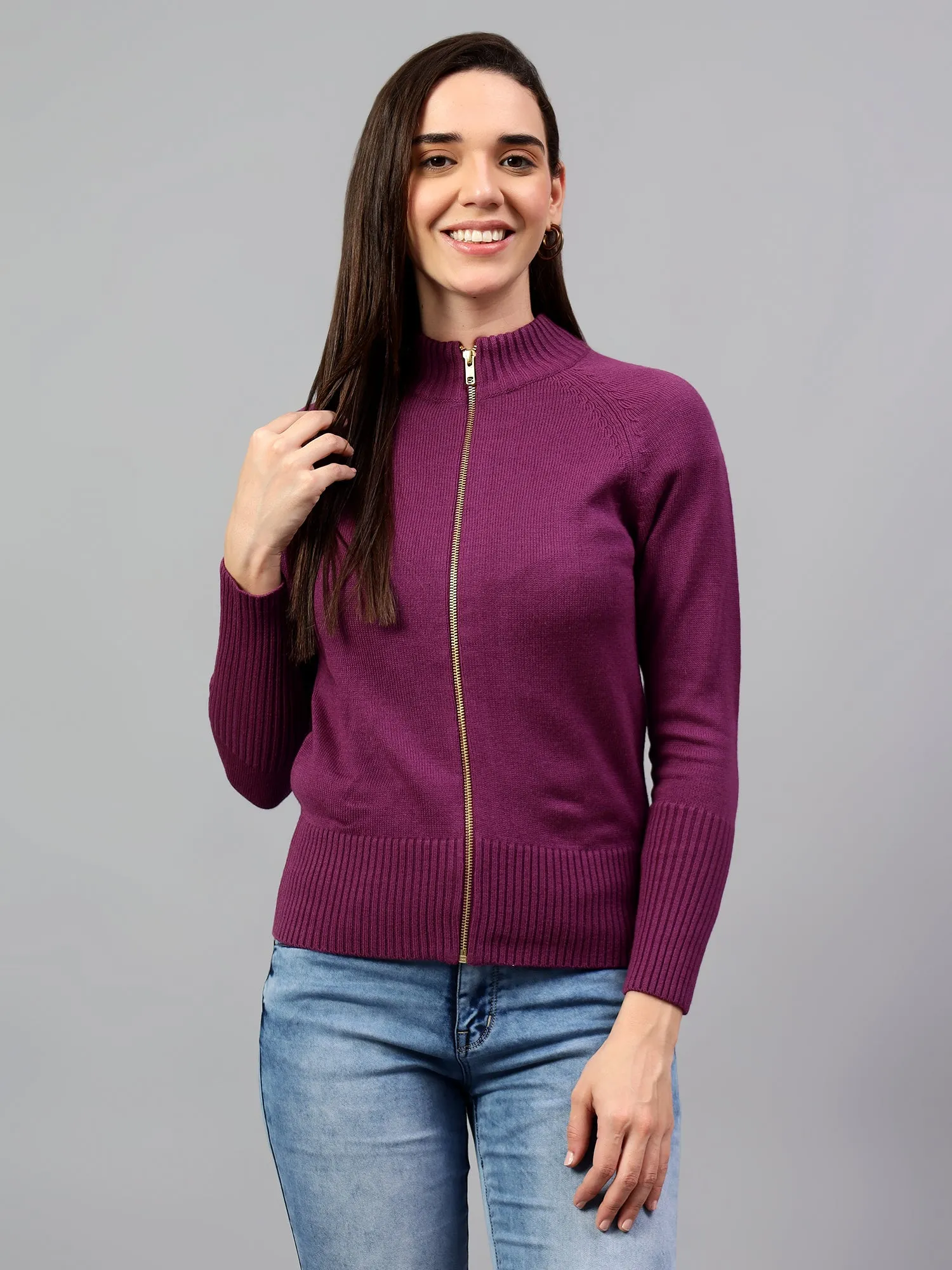 Women's Solid Purple Full Sleeve Casual Sweater