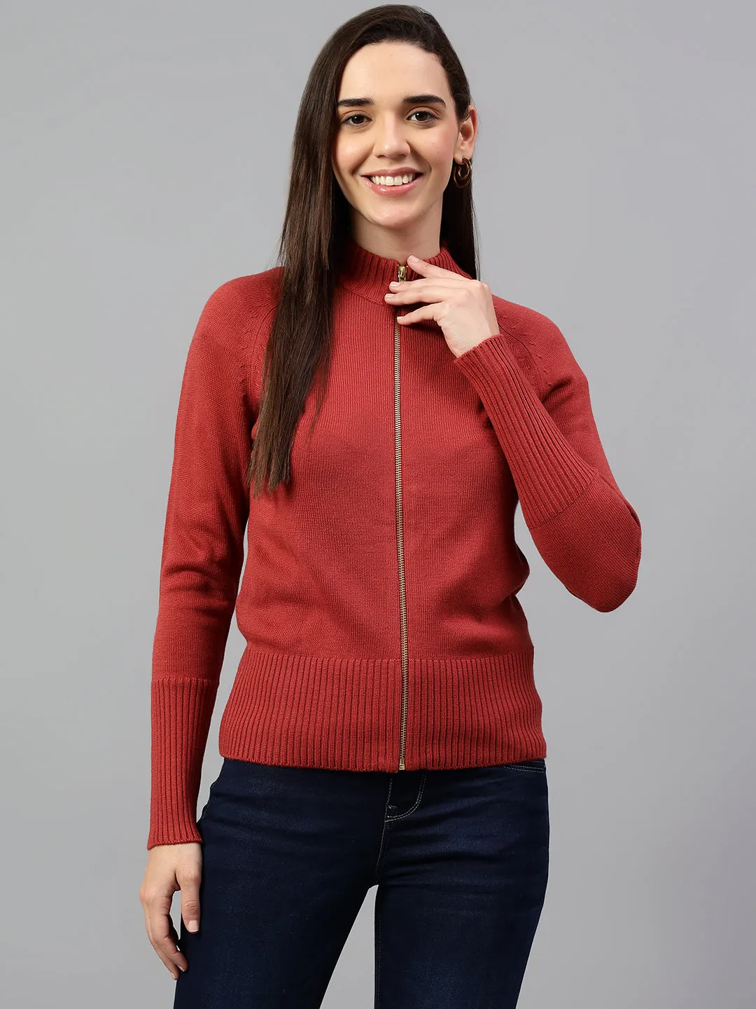 Women's Solid Rust Full Sleeve Casual Sweater