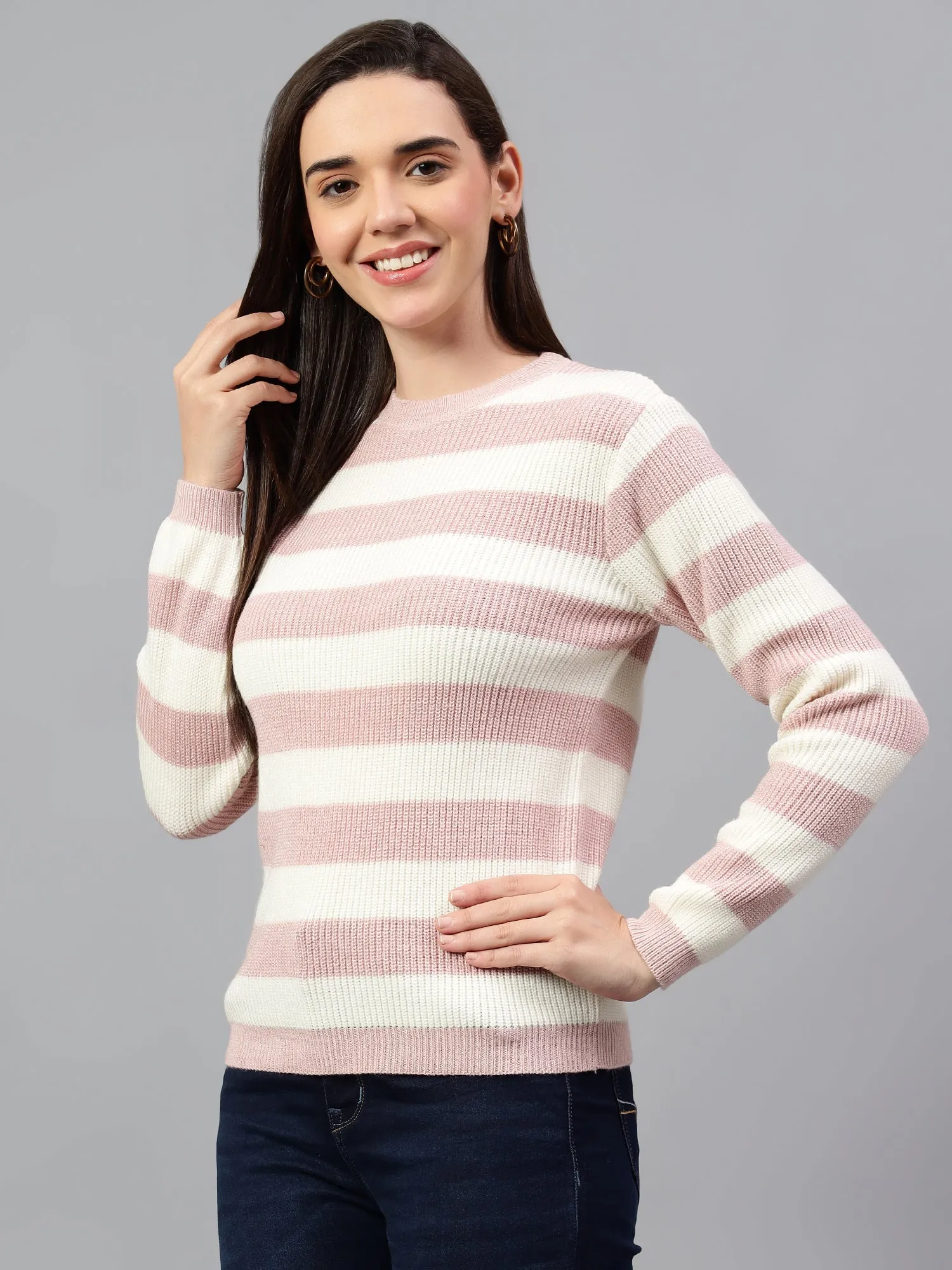 Women's Striped Pink Full Sleeve Casual Sweater