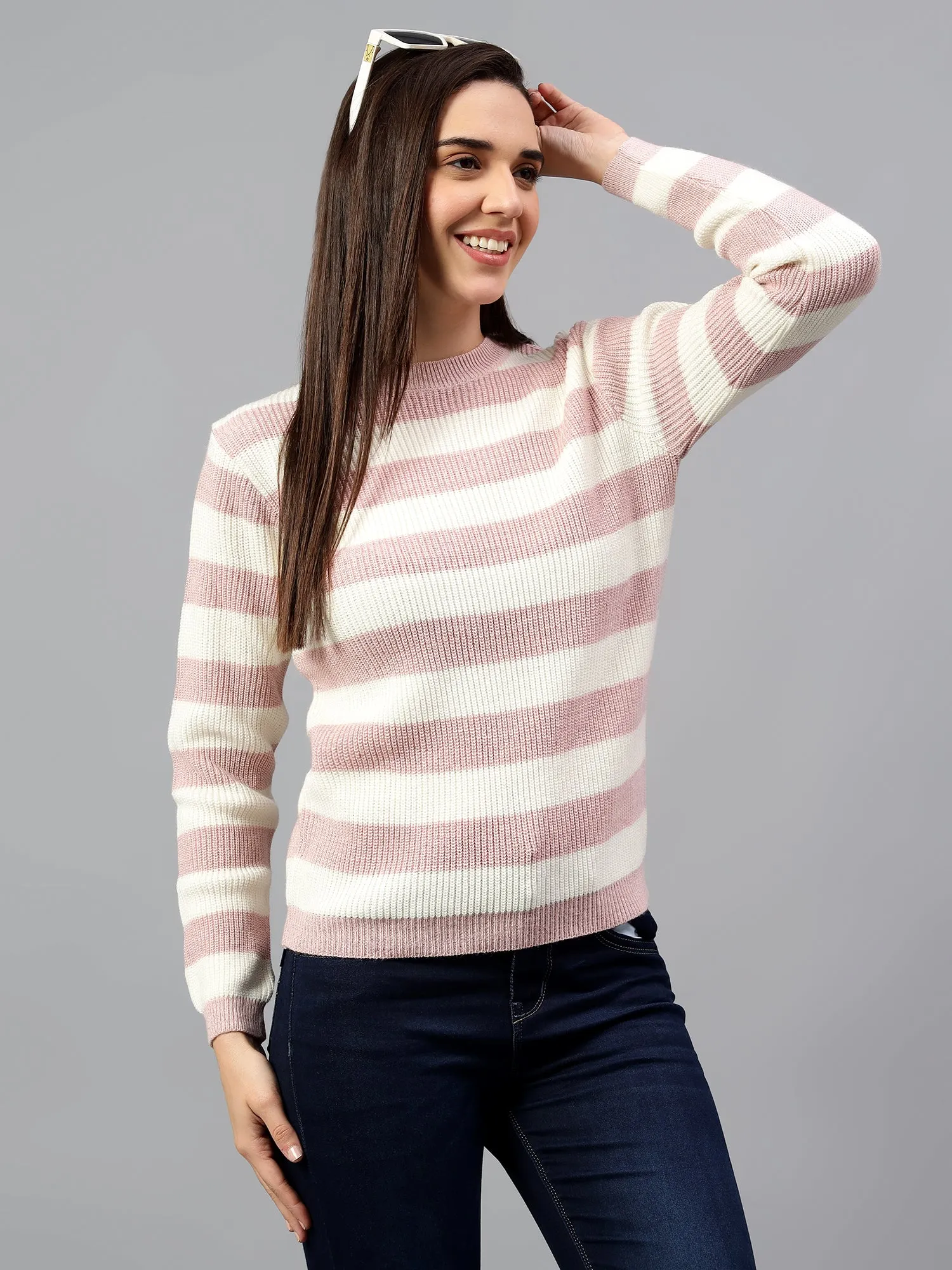 Women's Striped Pink Full Sleeve Casual Sweater