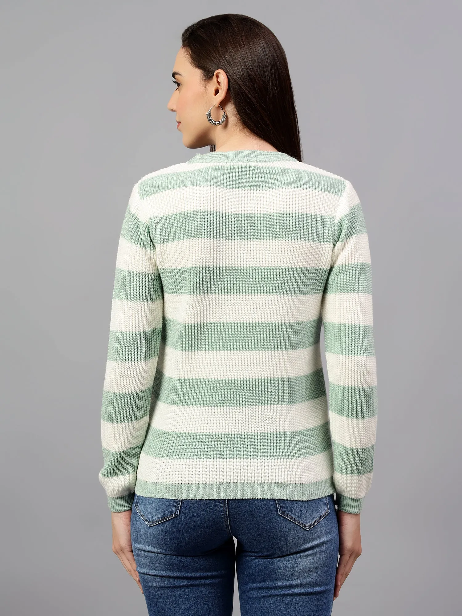 Women's Striped Sea Green Full Sleeve Casual Sweater